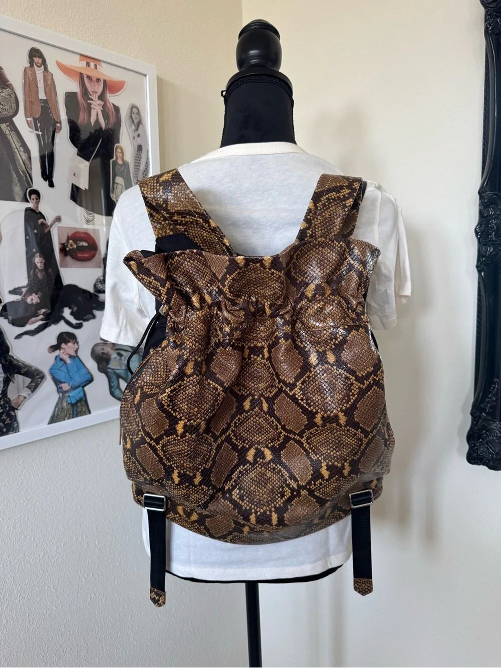Elizabeth and James leather Snake-Print and nylon Drawstring Backpack/tote